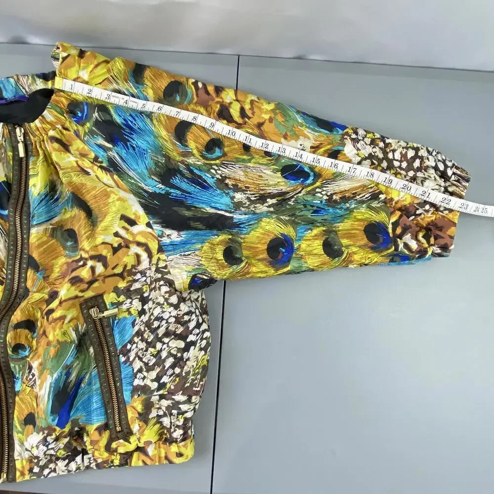 INDIKKA 100% Silk Vibrant Peacock Print Bomber Jacket Wms sz XL